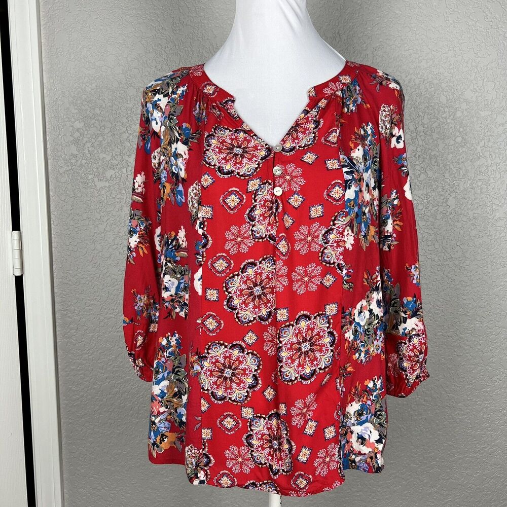 FIGUERCA & flower Peasant Pull Over Rayon Boho Floral 3 Button Top Petite L